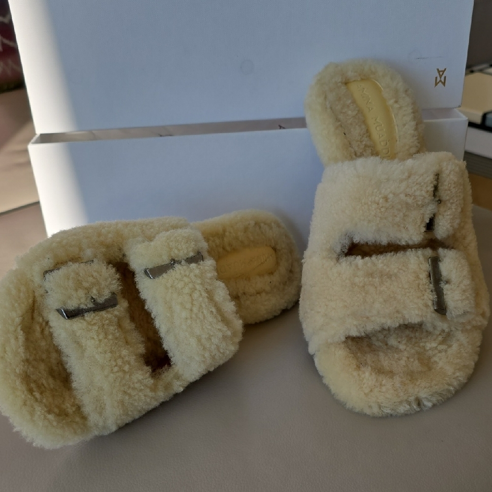 Amina Muaddi Mellow Yellow Shearling Double-Strap Slide Sandals